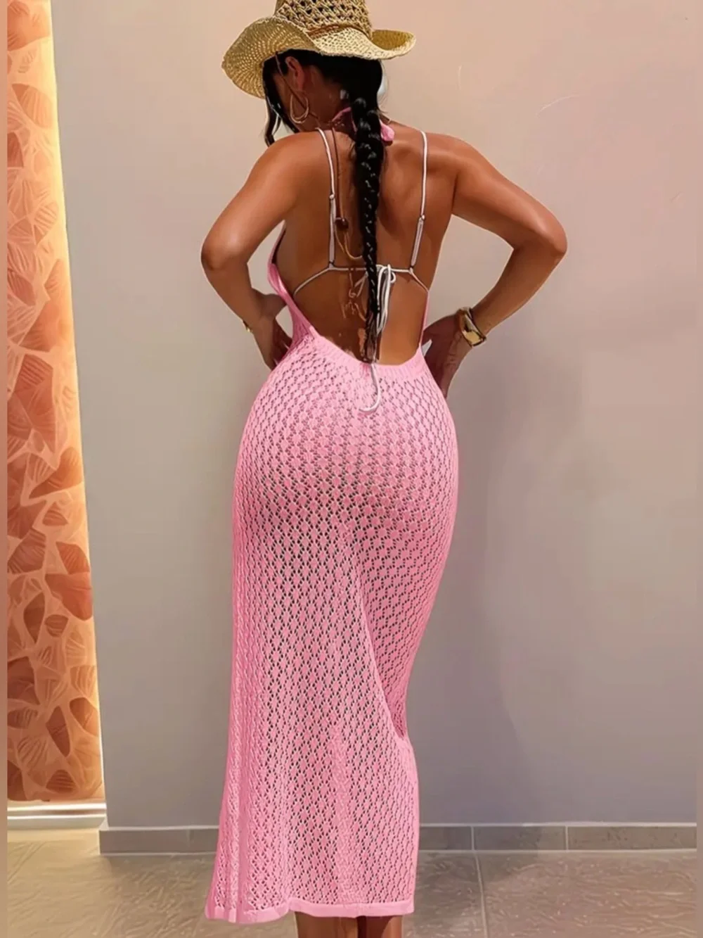 Pink Crochet Halter Swim Cover-Up New Boutique - Picture 3 of 6